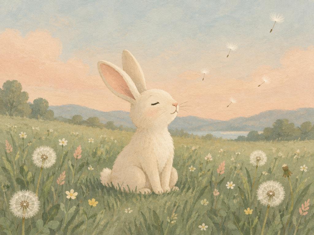 A gentle illustrated bunny sitting quietly among flowers
