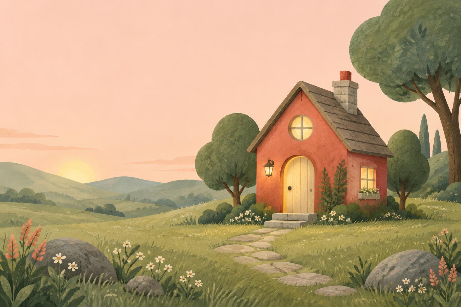 A little red house in a peaceful green landscape at sunrise